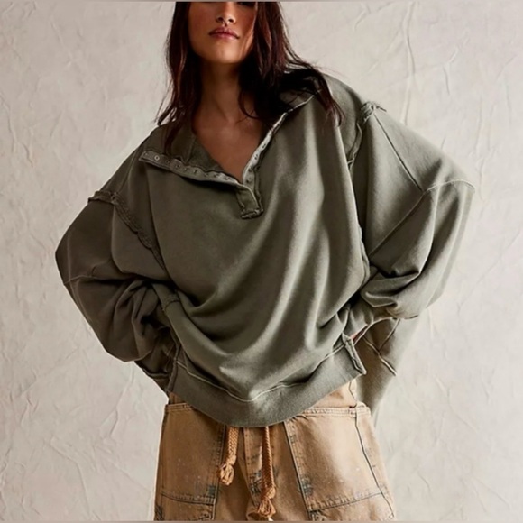 We The Free Free People Camden Oversized Henley Sweatshirt in Laurel Oak - Picture 2 of 7